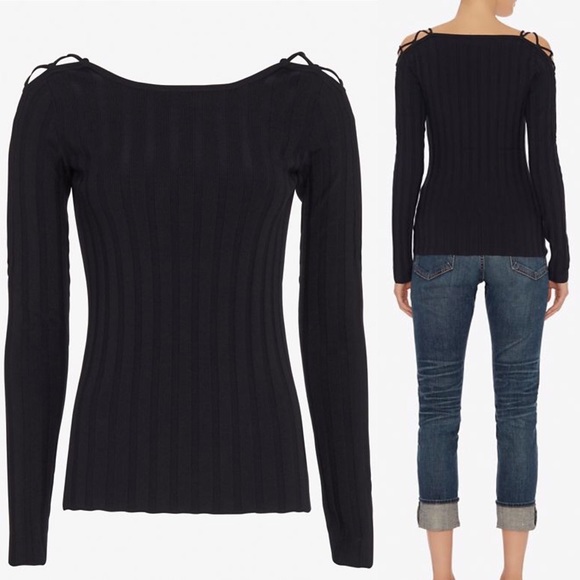 Intermix Navy Lace-up Shoulder Rib Knit Sweater - Main Image